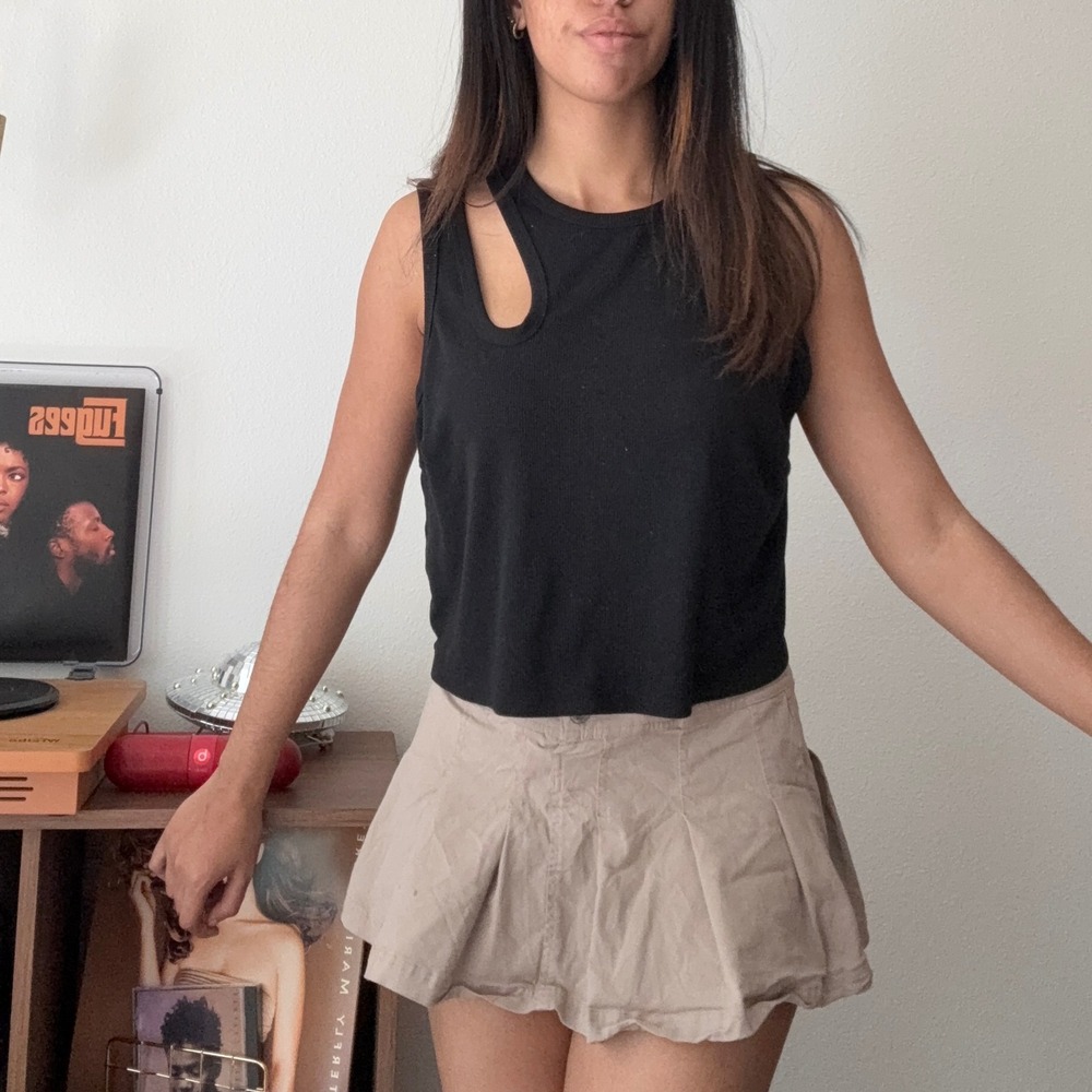 Vanilla Star Mini Skirt Pleated High Waist Button Front Tan Skater Y2K Medium